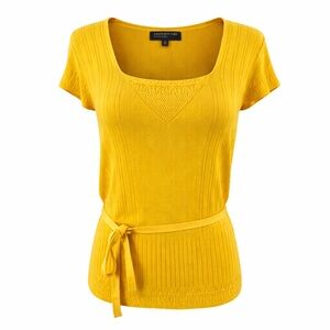 Jones New York Collection Yellow Ribbed Knit Top Medium Belted Scoop Neck